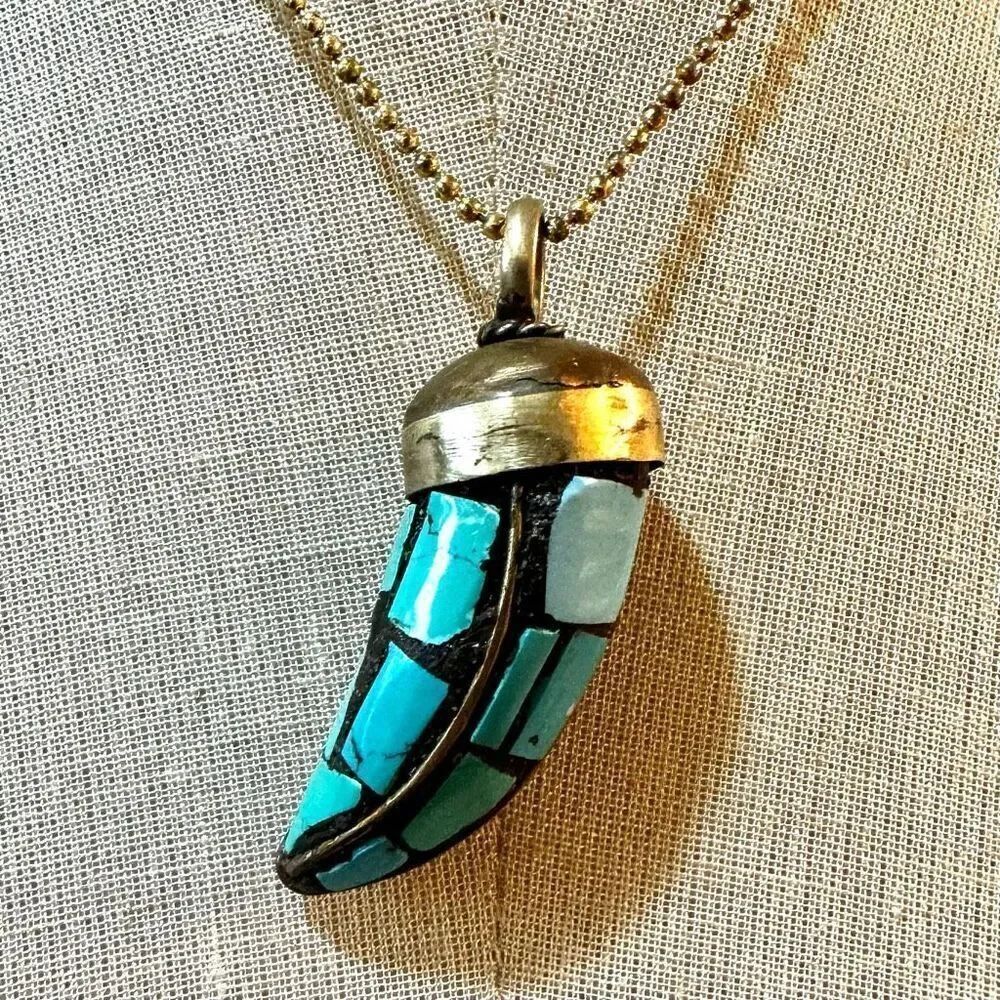 Tibetan brass mosaic  Horn Pendant necklace